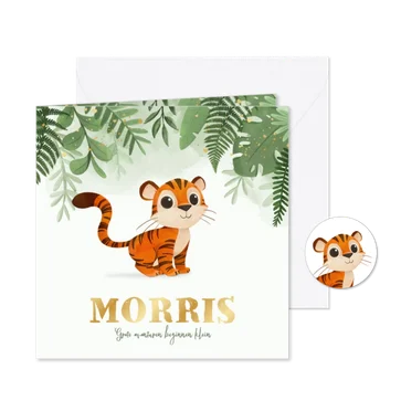Geboortekaartje jungle tijger goud hartjes illustratie